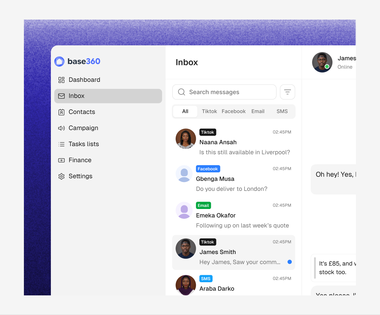 The Cove inbox with the sidebar, conversation list and message thread
