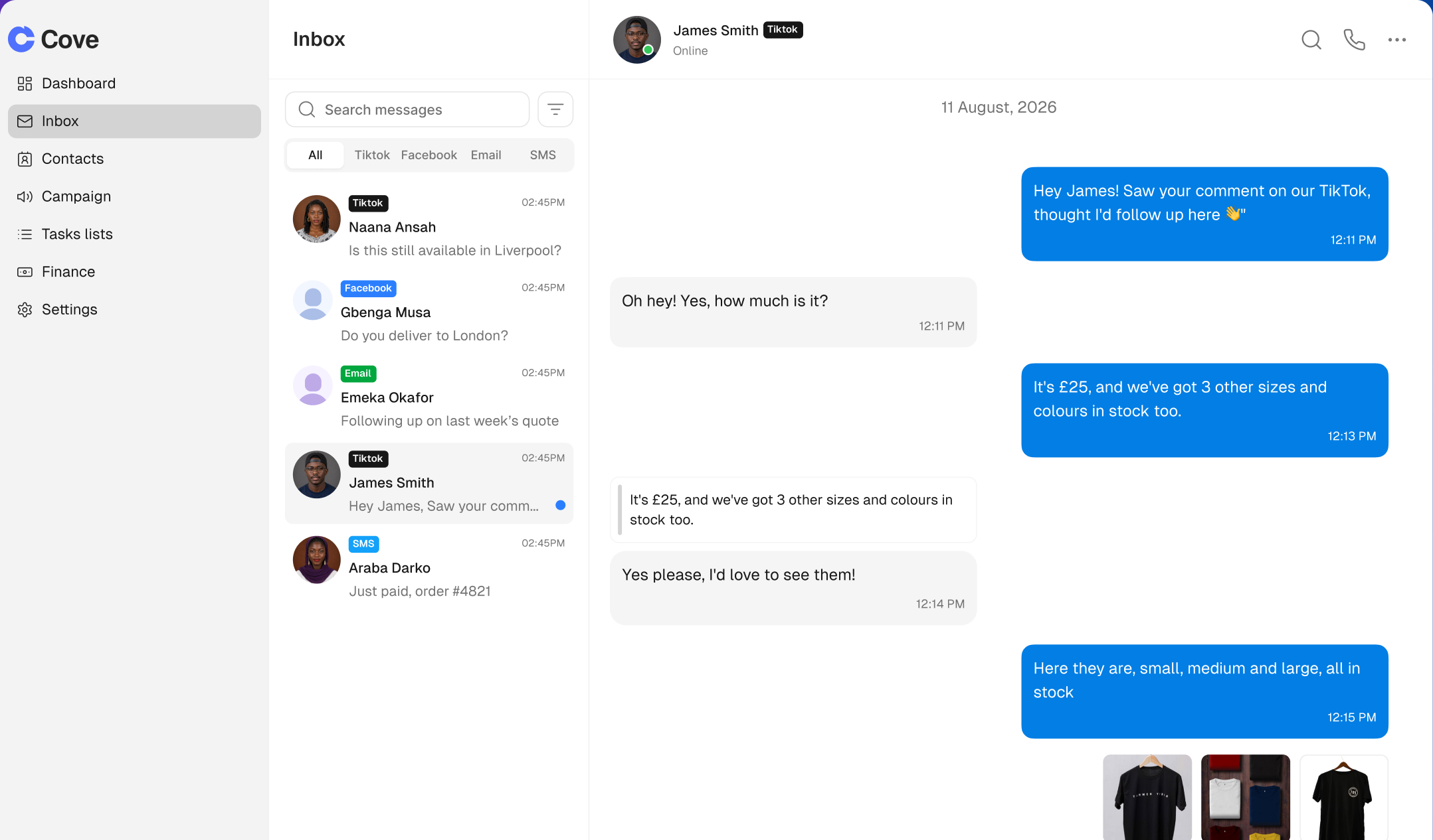 The Cove unified inbox, showing TikTok, Facebook, email and SMS conversations in one thread view