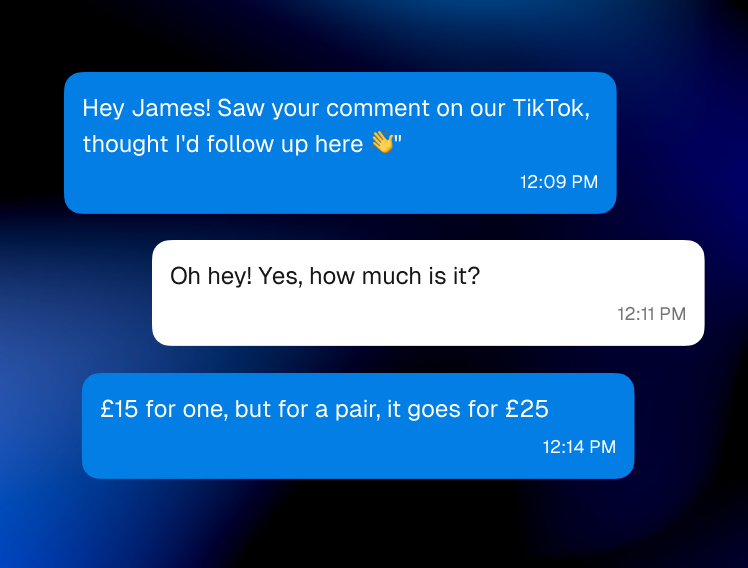 An AI reply thread answering a customer's pricing question