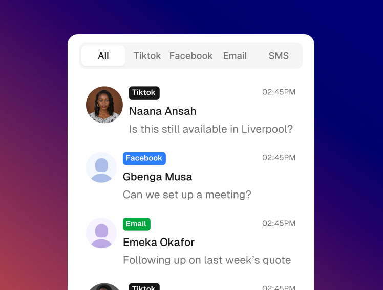 A single customer conversation list filtered across TikTok, Facebook and email